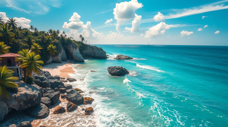 Aerial view of beautiful tropical beach with turquoise waterの写真素材