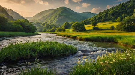 Beautiful summer landscape with mountain river and green meadow at sunrise