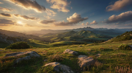 Panoramic view of the mountains and meadows in the evening