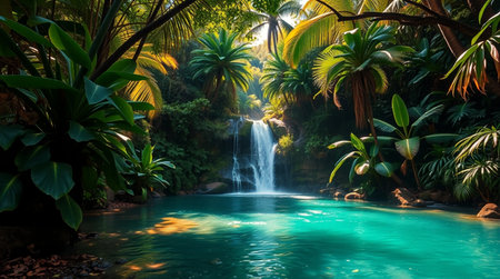 Waterfall in tropical garden. Beautiful landscape with waterfall and green leaves.の写真素材