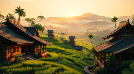 Terraced rice fields in Bali, Indonesia at sunrise.の写真素材