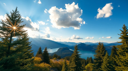 panoramic view of the lake and mountains in the rays of the sunの写真素材