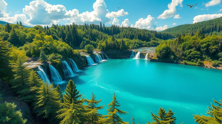 Aerial view of beautiful Plitvice Lakes National Park, Croatiaの写真素材