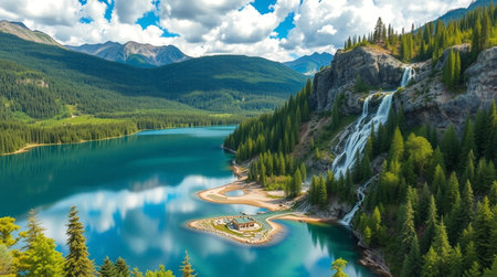 Mountain lake in the Canadian Rockies. Aerial panoramic viewの写真素材