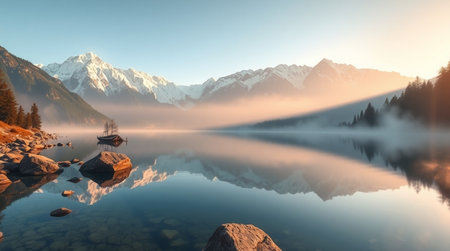 Panoramic view of misty alpine lake and mountains at sunriseの写真素材
