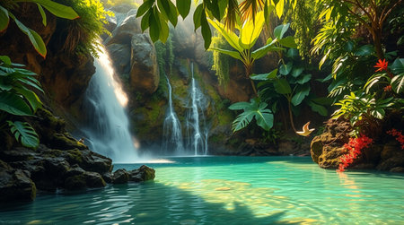 Beautiful waterfall in the tropical forest. 3d render illustration.の写真素材