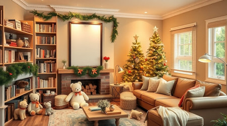 3d render of Christmas living room interior with Christmas tree and fireplaceの写真素材