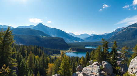 Panoramic view of Lake Louise in Banff National Park, Alberta, Canadaの写真素材