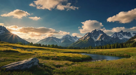 panoramic view of alpine lake in the mountains at sunsetの写真素材
