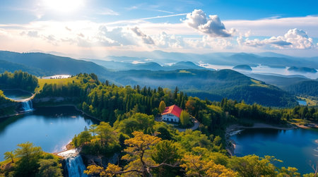 Panoramic aerial view of the Church of the Assumption of the Blessed Virgin Mary in the Ukrainian Carpathians.の写真素材