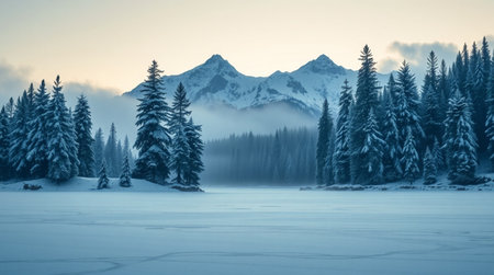 Beautiful winter landscape with frozen lake and mountains in the background.の写真素材