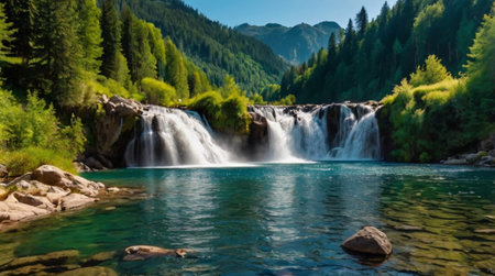 Panoramic view of a waterfall in the mountains. Summer landscape.