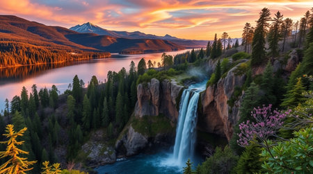 Waterfall at Lake Tekapo, Canterbury, South Island, New Zealandの写真素材