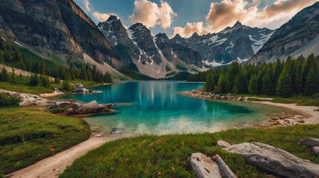 Lake in the mountains. Beautiful summer landscape. Lake in the mountains.の写真素材