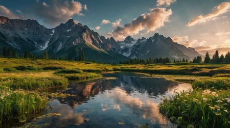 Mountain lake with reflection of mountains in the water at sunset.の写真素材