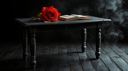 Red rose and book on black wooden table. Valentines day backgroundの写真素材