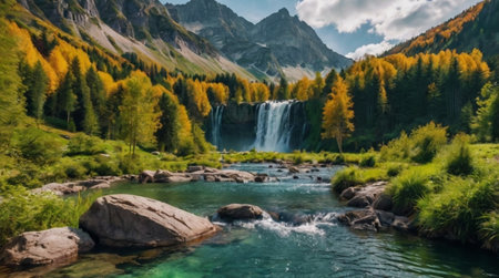 Autumn mountain landscape with a waterfall in the Alps.