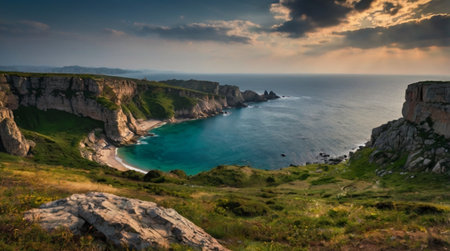 Beautiful seascape with cliffs and sea at sunset, Portugalの写真素材