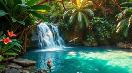 Beautiful tropical jungle waterfall with blue water and red parrot.の写真素材