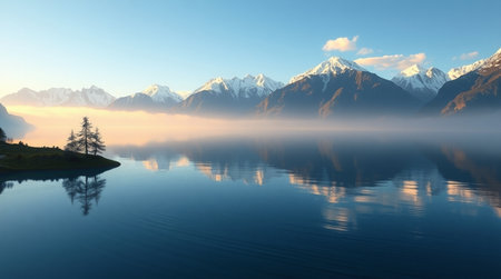 Mountains reflected in the calm waters of Lake Wakatipuの写真素材