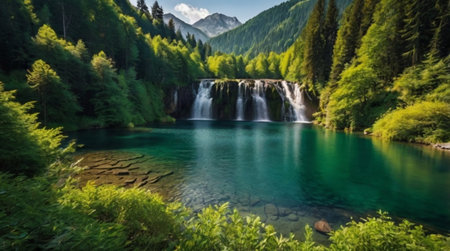 Beautiful view of the waterfall in the mountains. Summer landscape.の写真素材
