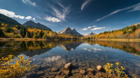 Colorful autumn alpine landscape with lake and mountains reflected in waterの写真素材