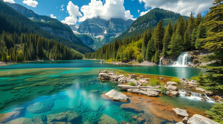 Beautiful mountain lake with clear turquoise water and high mountains in backgroundの写真素材
