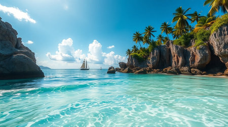 Panorama of beautiful tropical beach with palm trees and a sailboatの写真素材