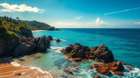 Tropical beach with turquoise water and granite boulders.の写真素材