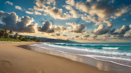 Panoramic view of the beach and the sea at sunset.の写真素材