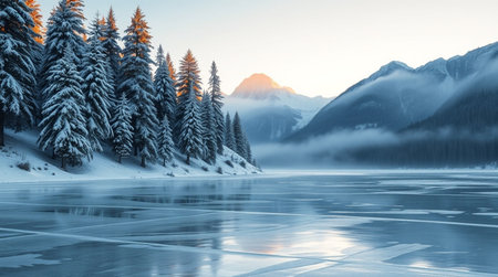 Beautiful winter landscape with frozen lake and mountains in the background.の写真素材