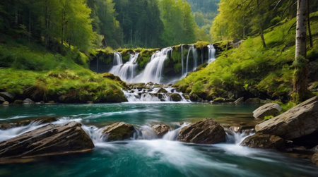 Waterfall in the forest. Beautiful mountain landscape with a waterfall.の写真素材