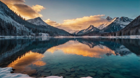 Panoramic view of snow-capped mountains reflected in lakeの写真素材