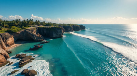 Aerial view of beautiful beach with palm trees and turquoise oceanの写真素材