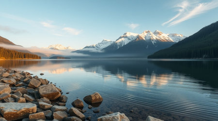 Mountains and lake at sunset, Jasper National Park, Alberta, Canadaの写真素材