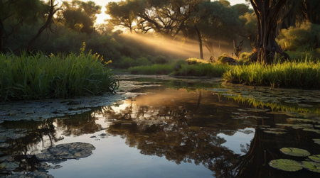 Sunrise in the Okavango Delta - Moremi National Park in Botswanaの写真素材