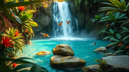 Beautiful waterfall in tropical forest with flying butterflies. 3d rendering