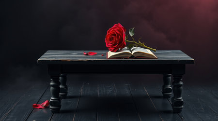 Red rose on a black wooden table with a book and red heartsの写真素材