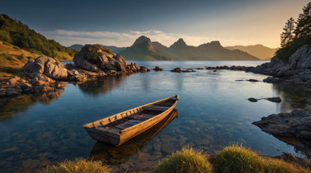 Fishing boat on the lake at sunrise. Lofoten islands, Norwayの写真素材