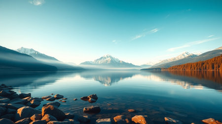 Mountains reflected in the lake. Panoramic view.の写真素材