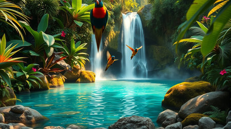 Tropical garden with waterfall and parrot in the jungle.の写真素材