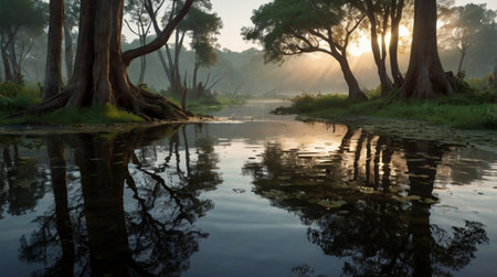 Morning in the Okavango Delta (Okavango Grassland), Botswanaの写真素材