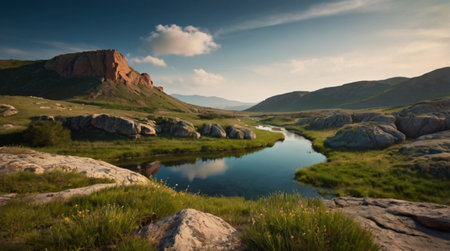 Mountain landscape with a small lake in the foreground. Crimea, Ukraine.の写真素材