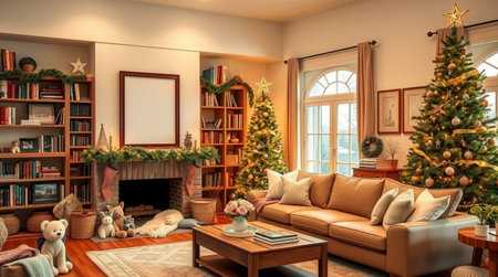 Living room interior with Christmas tree and fireplace. 3D rendering.の写真素材