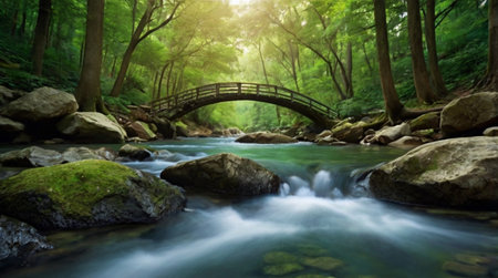 Mountain river flowing through the green forest with a wooden bridge.の写真素材