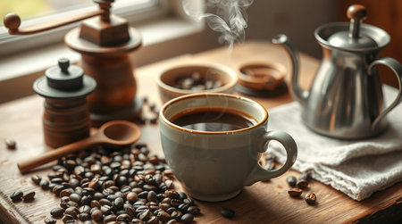 Cup of coffee and coffee beans on wooden table, closeupの写真素材