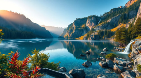 Mountain lake in the morning light. The concept of active and ecological tourismの写真素材