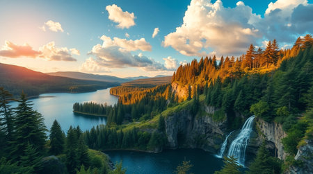 Mountain lake with a waterfall in the forest. Nature landscape.
