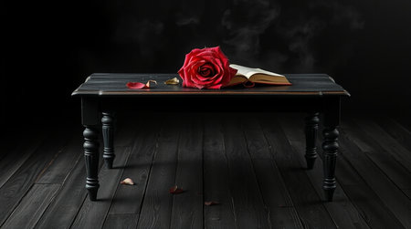 Romantic still life with a red rose and a book on a wooden tableの写真素材