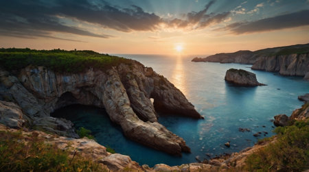 Panoramic view of the sea and cliffs at sunset. Crimea, Ukraine